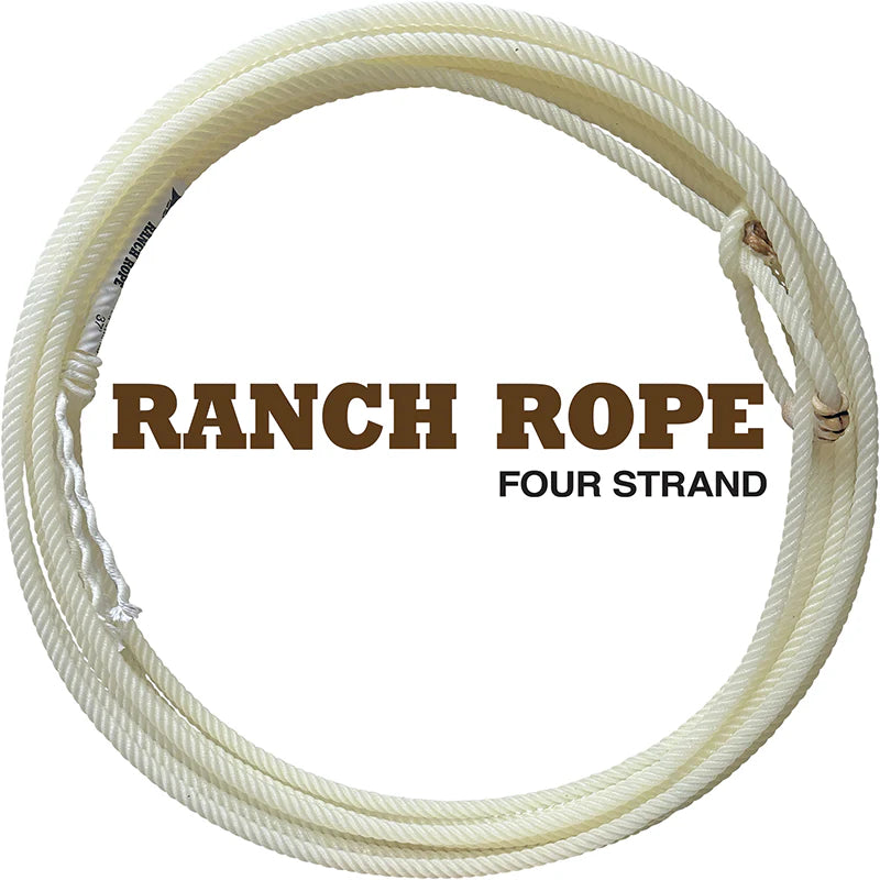 Four strand ranch rope on a white background with text overlay.