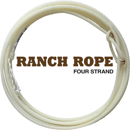 Four strand ranch rope on a white background with text overlay.