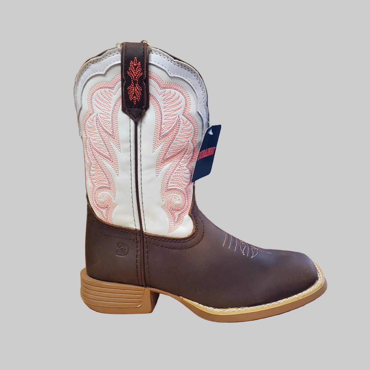 Brown and white Durango boot with intricate design on a white background