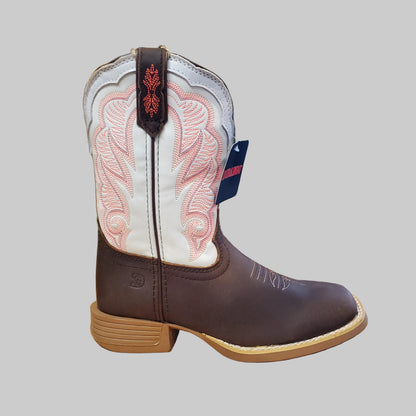 Brown and white Durango boot with intricate design on a white background