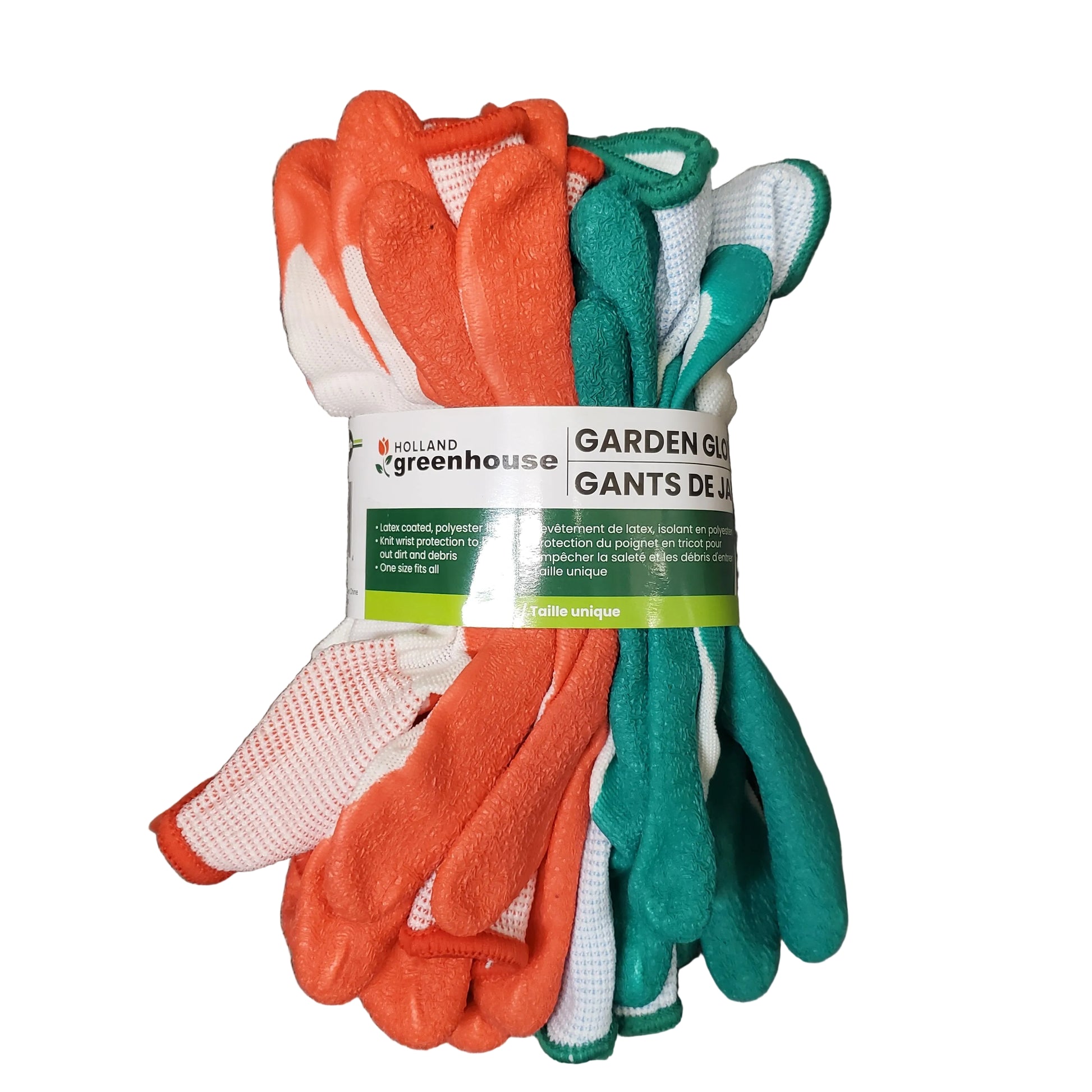 Pair of green and orange gardening gloves on a white background with a visible brand label.