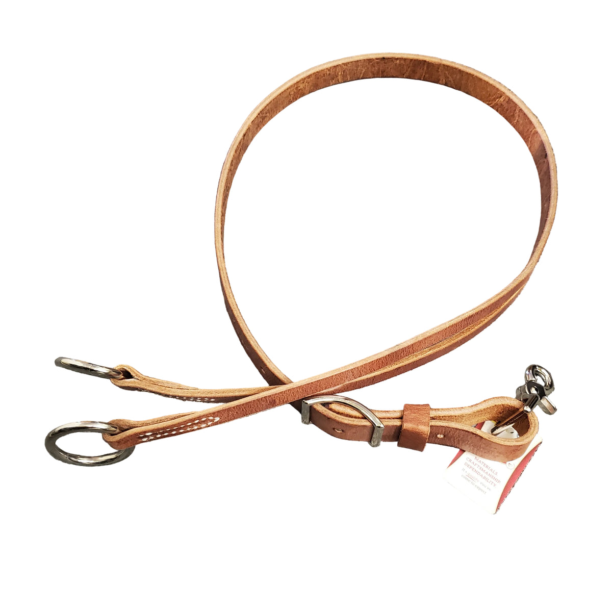 a brown leather training for with nickel plated hardware on a white background