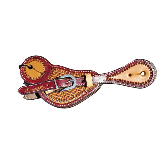 Brown leather strap with intricate design for spurs