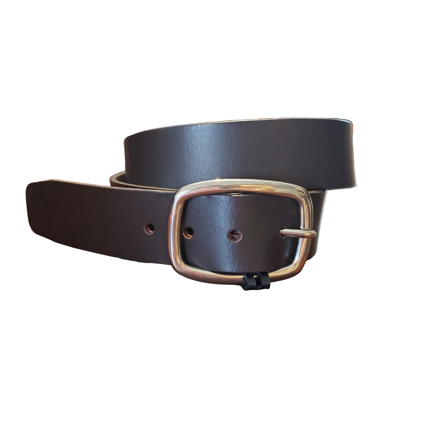 Brown leather belt with silver buckle on a white background