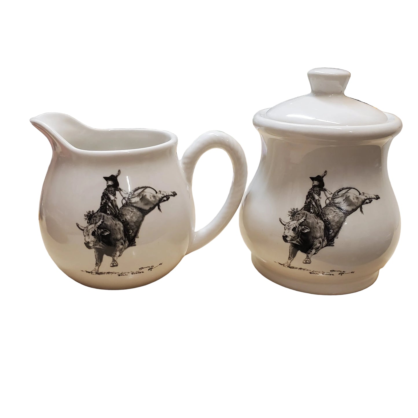 Two white ceramic containers with a black and white bull rider illustration on a white background