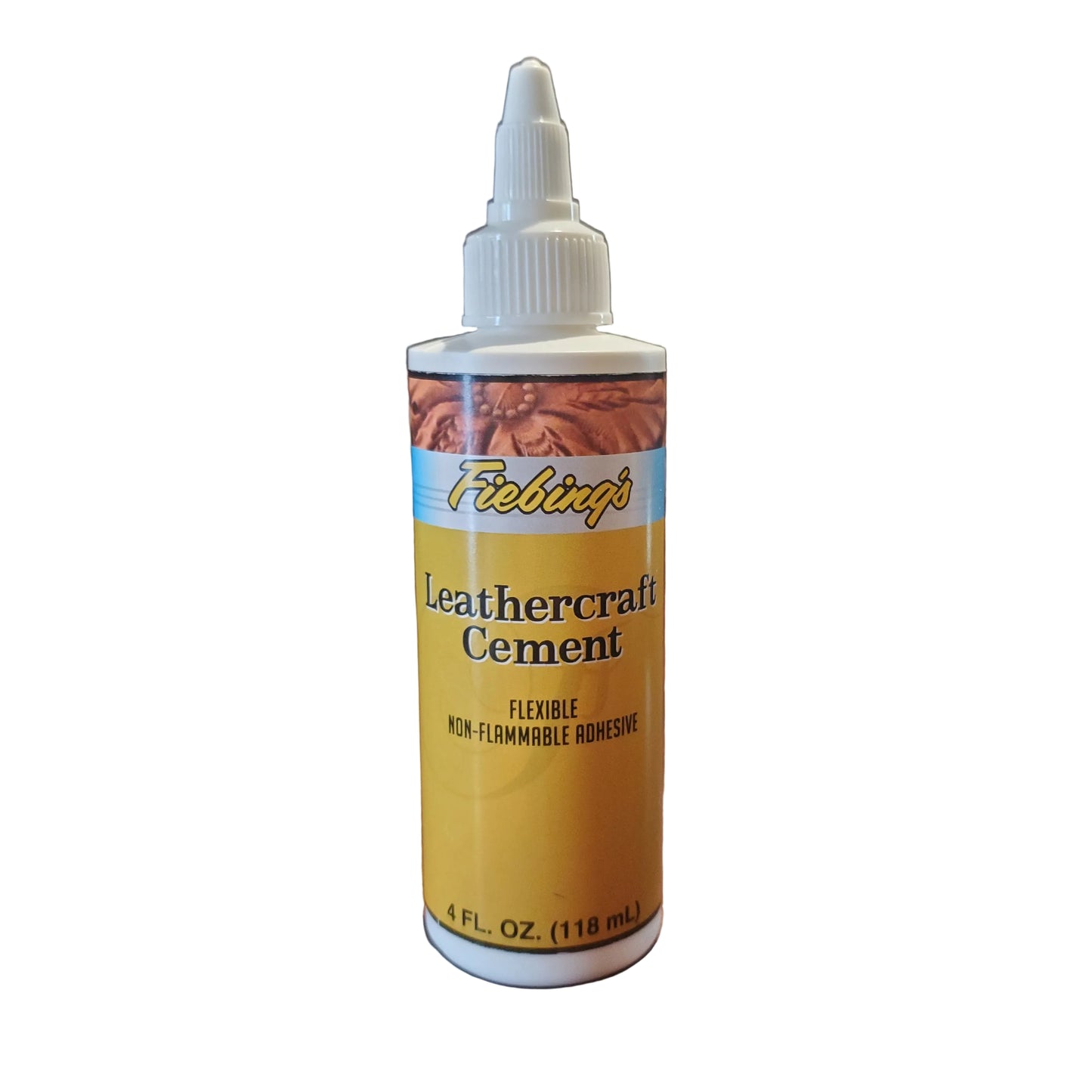 a bottle of fiebings leathercraft cement with yellow labeling on a white background