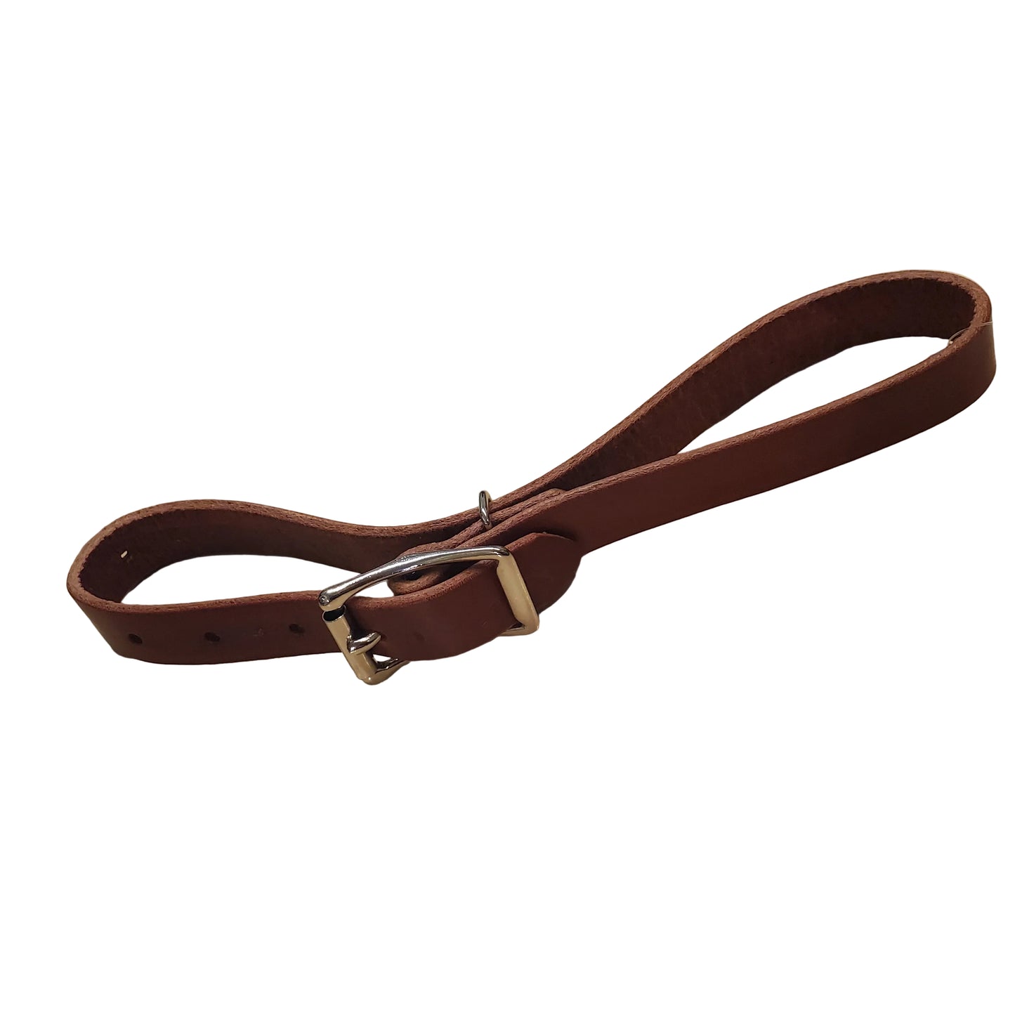 leather strap with a double bar roller buckle and a metal loop used as a breast collar tug for horse equipment