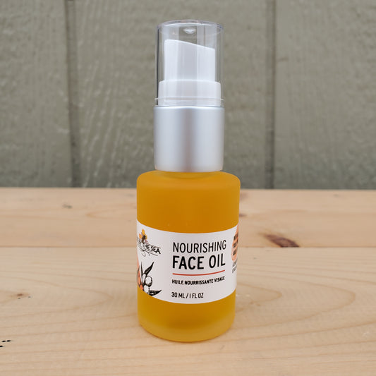 Bottle of nourishing face oil on a wooden surface with a neutral background