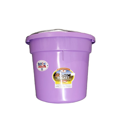 A lavender 20 quart flat back bucket by Little Giant with a metal handle and a label on the side.