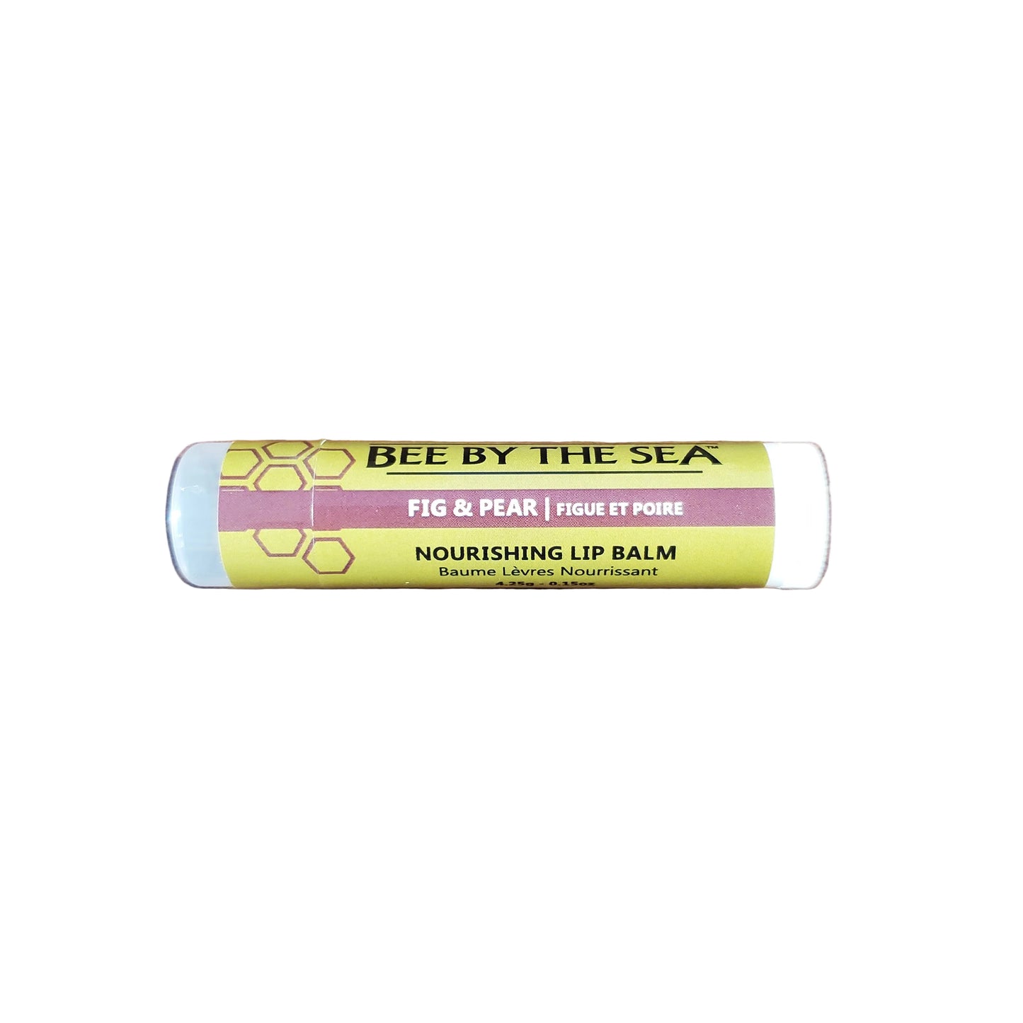Lip balm tube labeled 'Bee by the Sea' on a white background