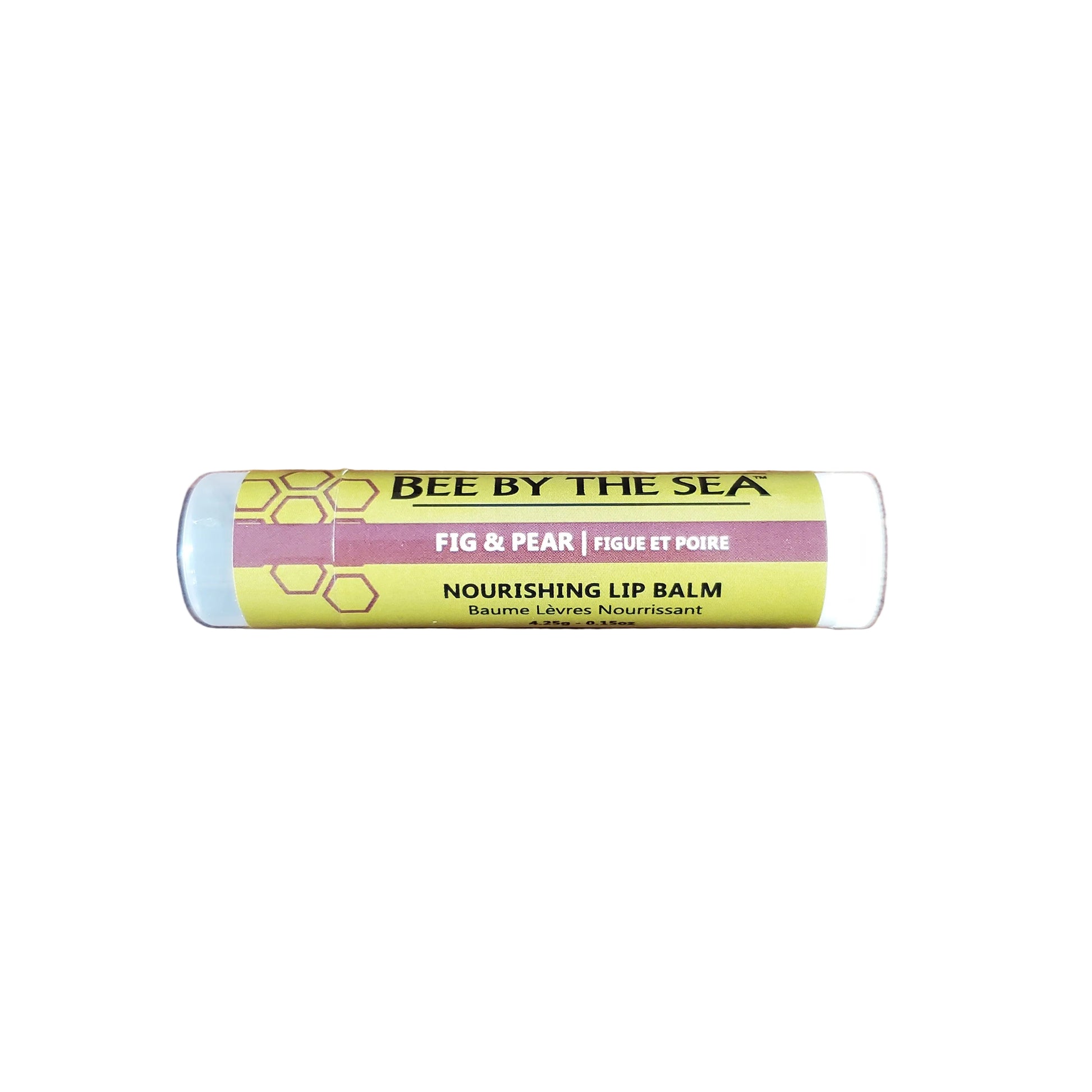 Lip balm tube labeled 'Bee by the Sea' on a white background