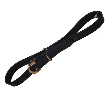 black leather strap with a double bar roller buckle and a metal loop used as a breast collar tug for horse equipment