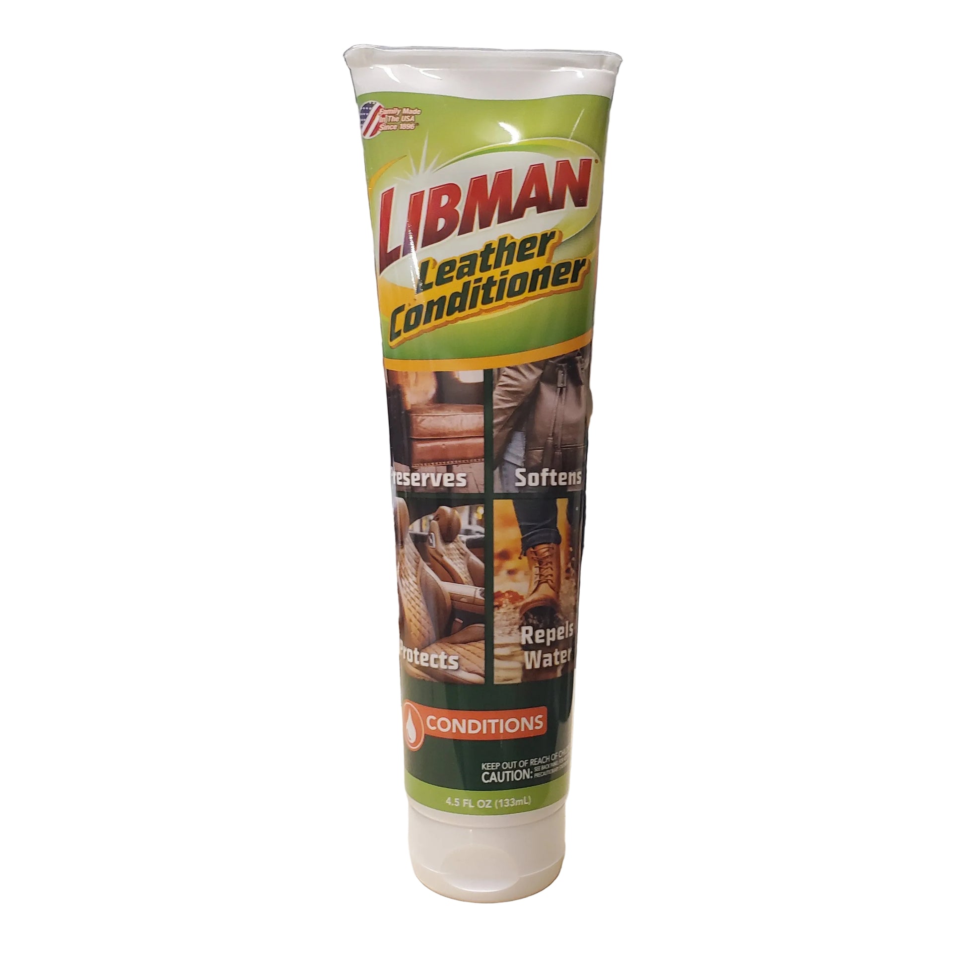 a squeeze tube of libman oakwood leather conditioner with green labeling that has furniture and boots on it