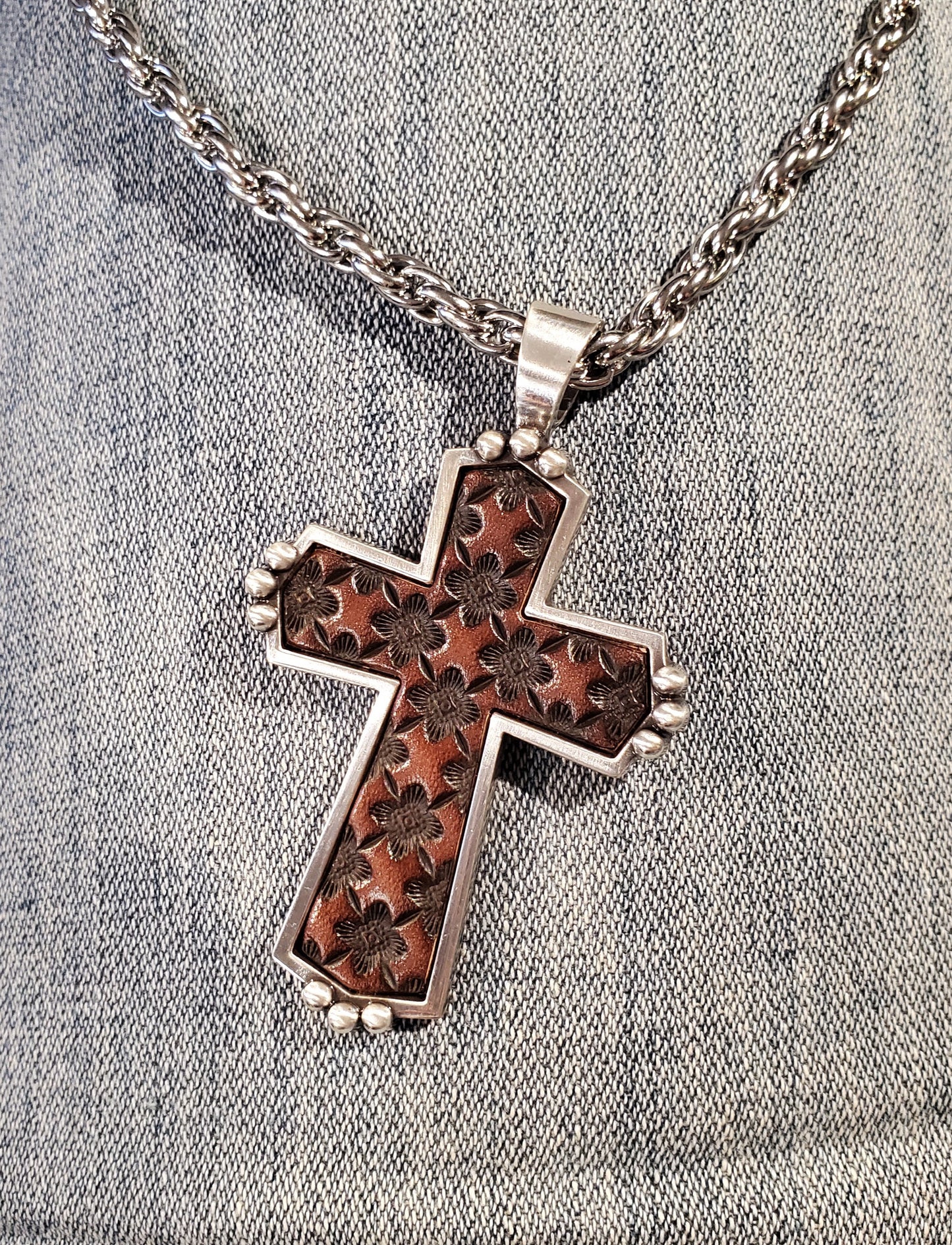 Geo Stamp Leather Inlay Cross Men's Necklace by Silver Strike®
