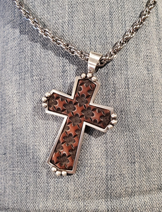 Geo Stamp Leather Inlay Cross Men's Necklace by Silver Strike®