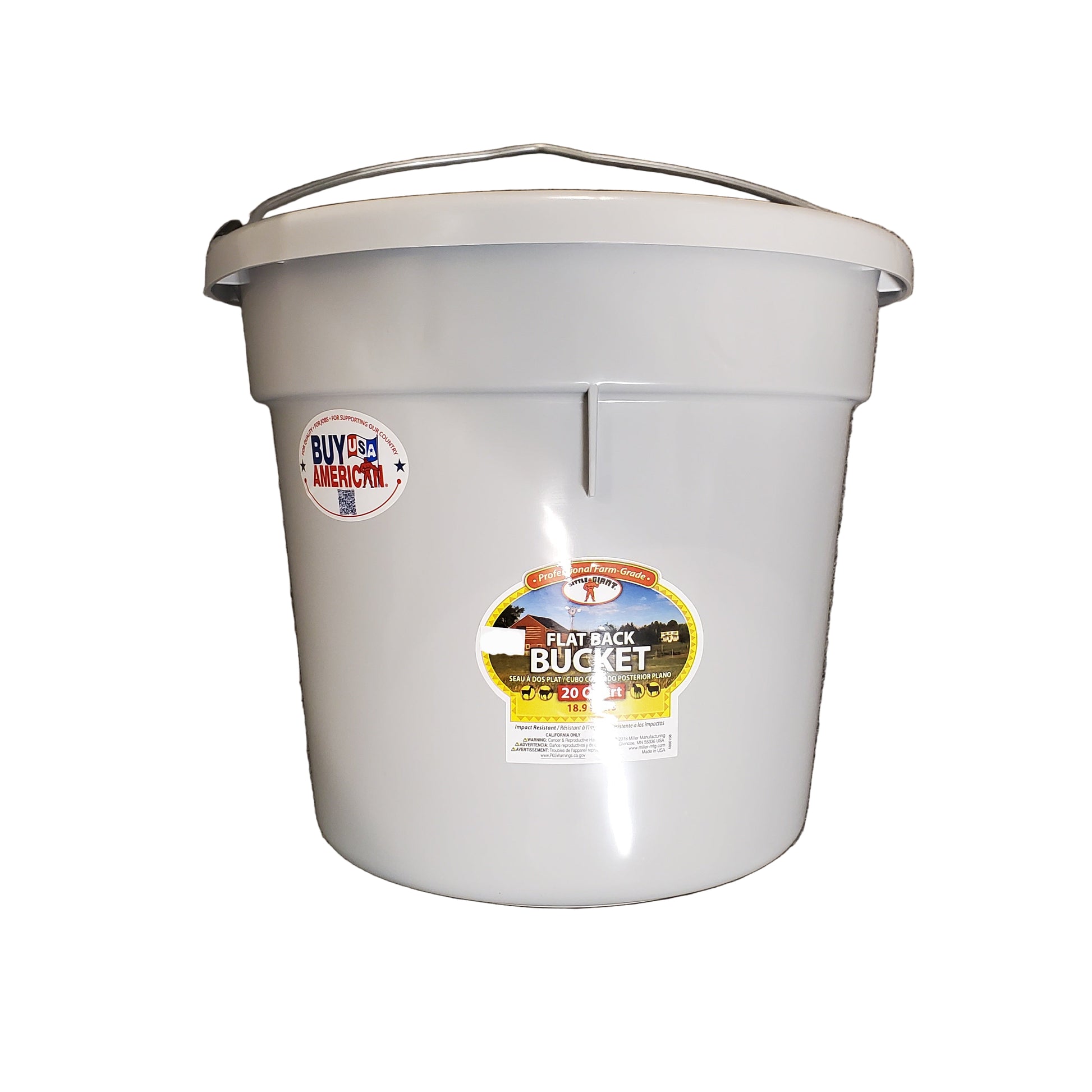 A grey 20 quart flat back bucket by Little Giant with a metal handle and a label on the side.