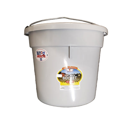 A grey 20 quart flat back bucket by Little Giant with a metal handle and a label on the side.