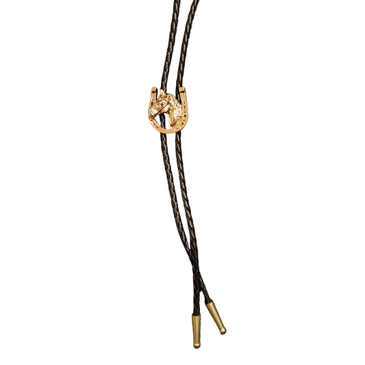 A gold-toned horse-head bolo tie with dark braided cord