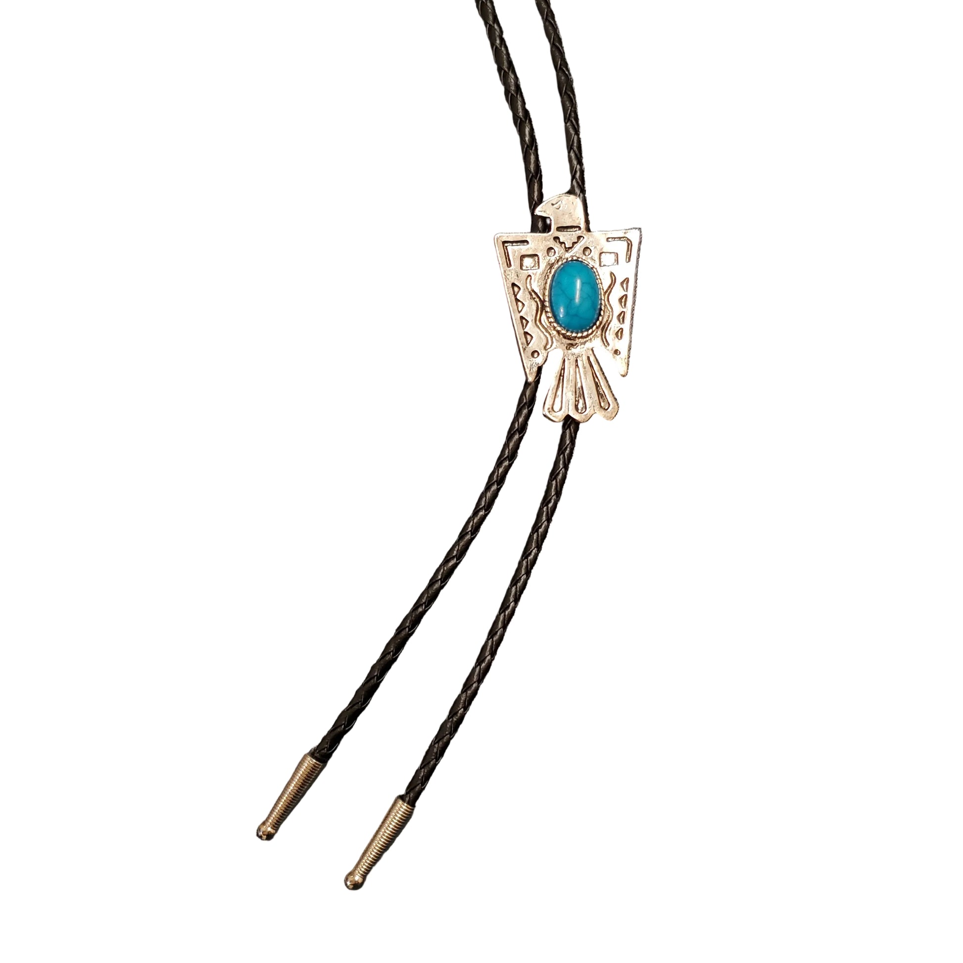 A sterling silver bolo tie with a turquoise cabochon stone