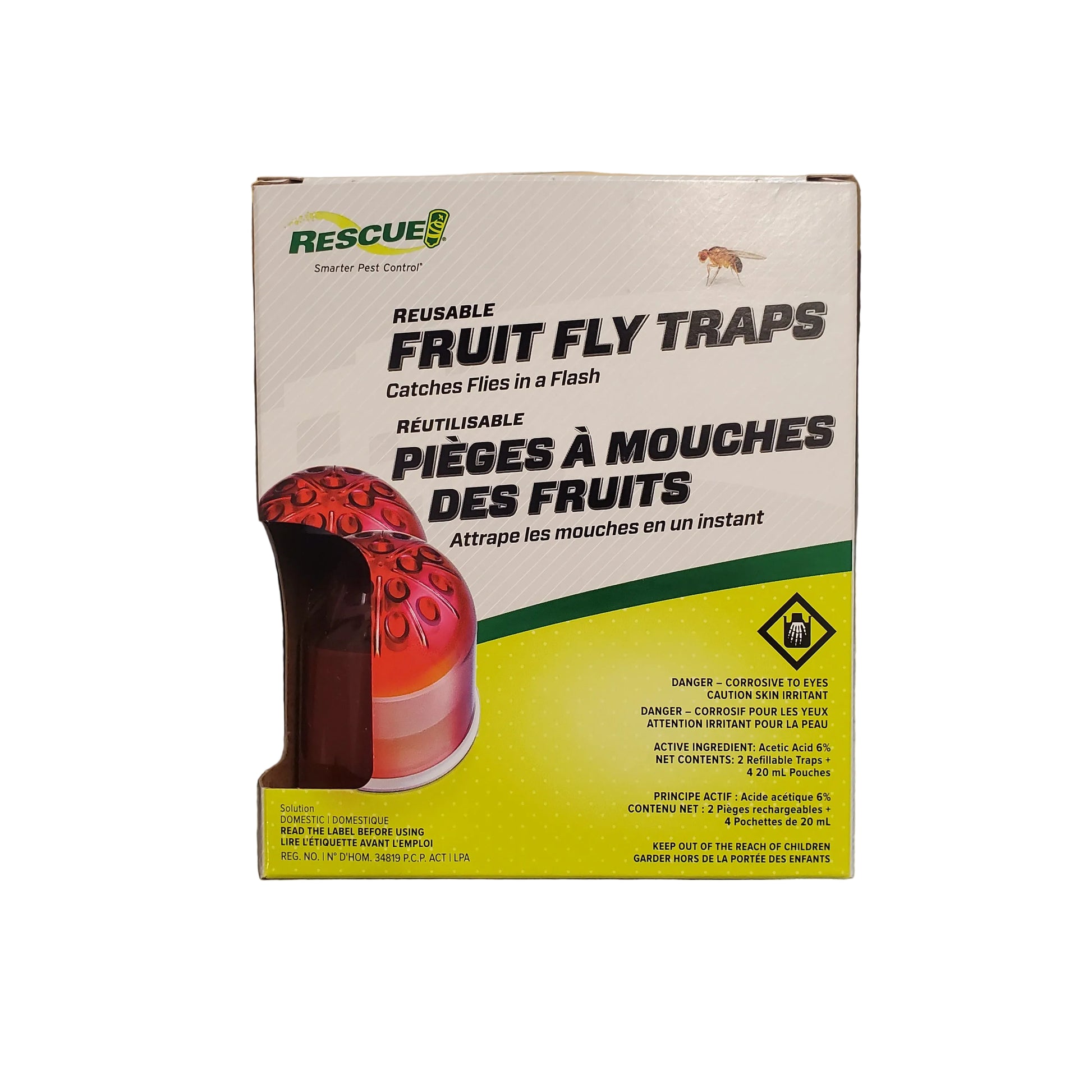 A box of Rescue Reusable Fruit Fly Traps, featuring a white and yellow design