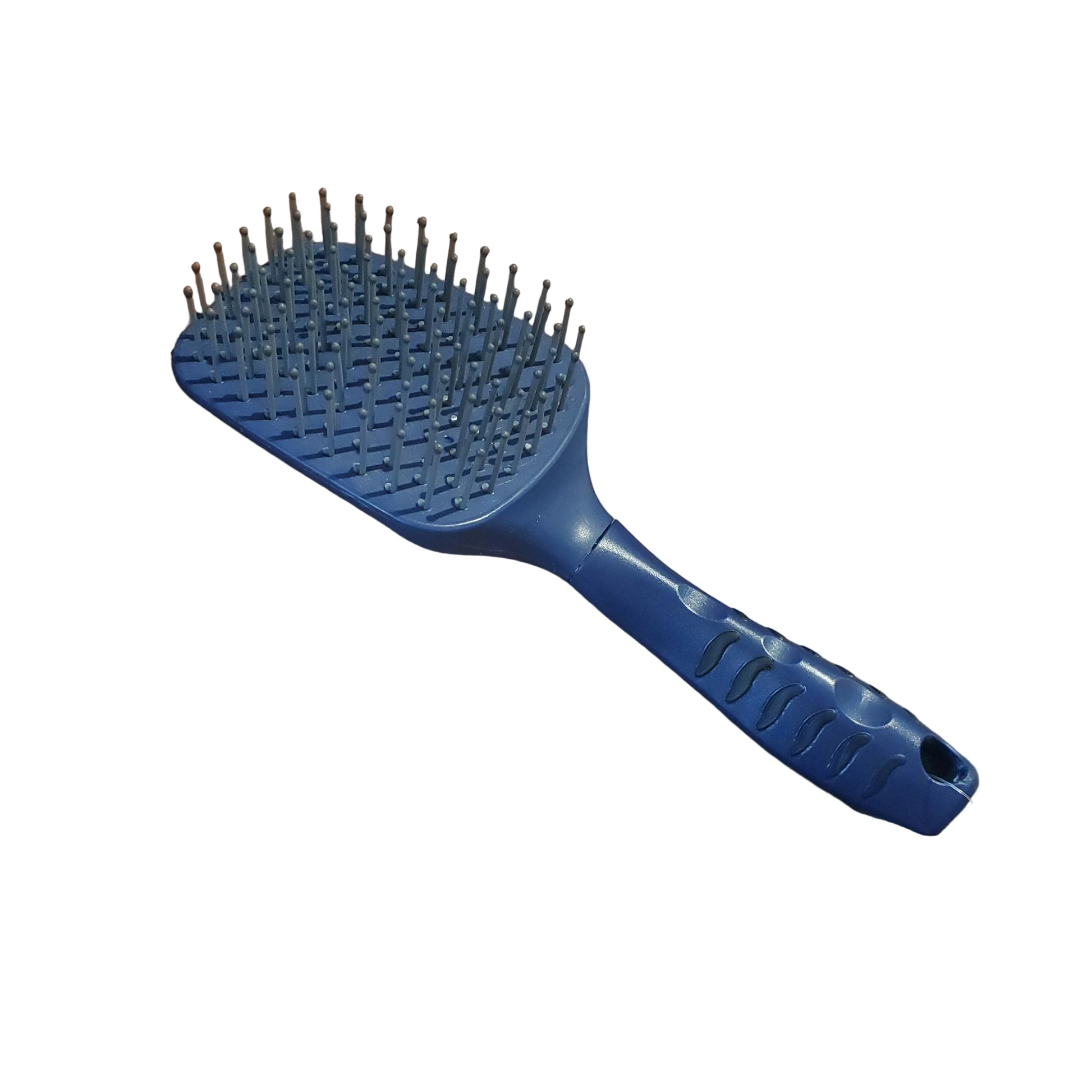 Blue hairbrush with bristles on a white background