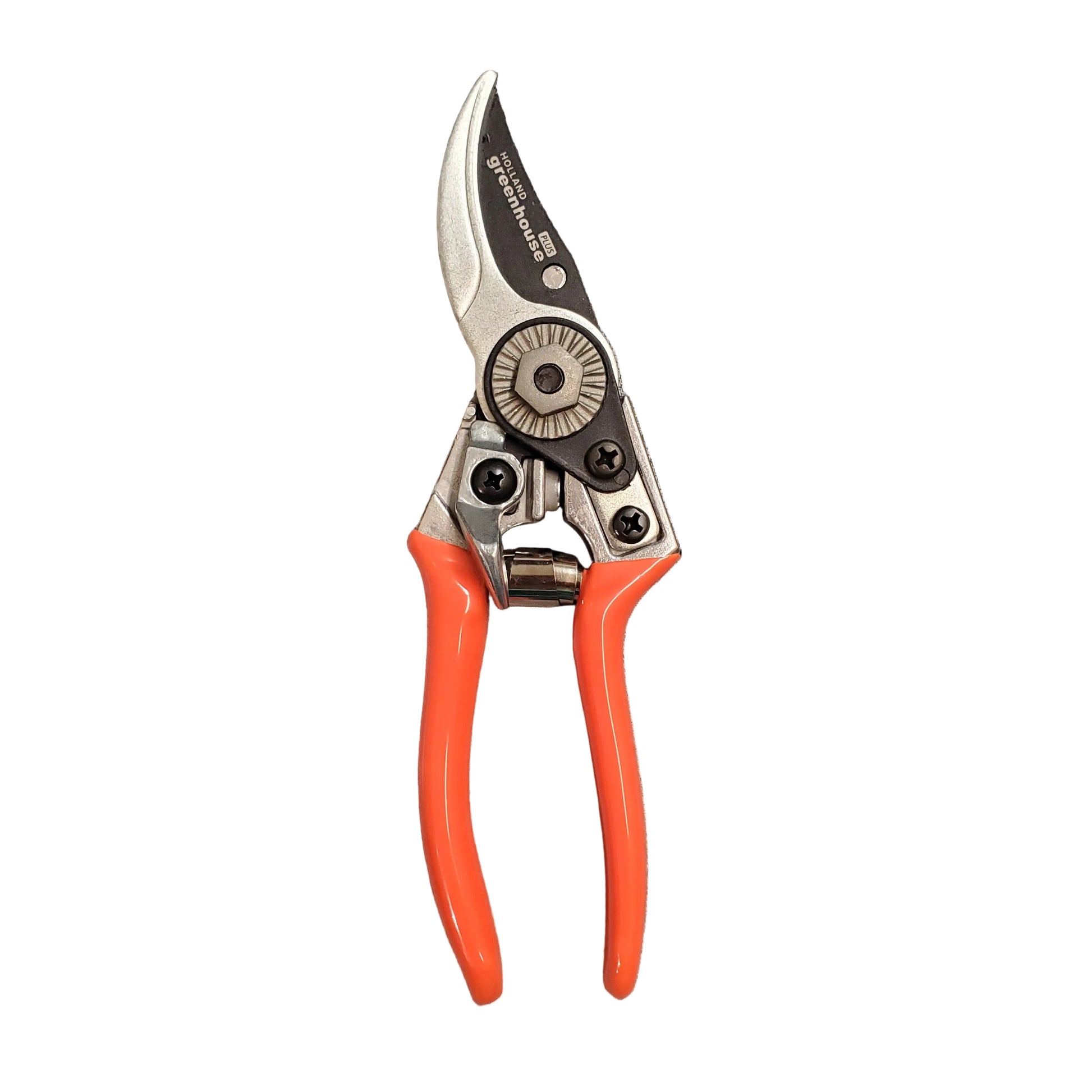Gardening shears with orange handles on a white background