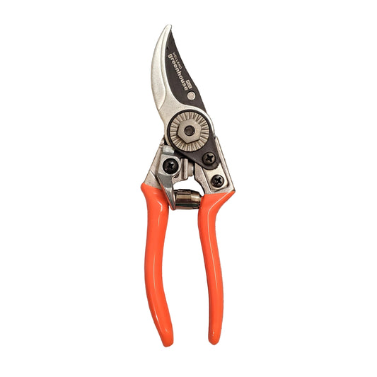 Gardening shears with orange handles on a white background