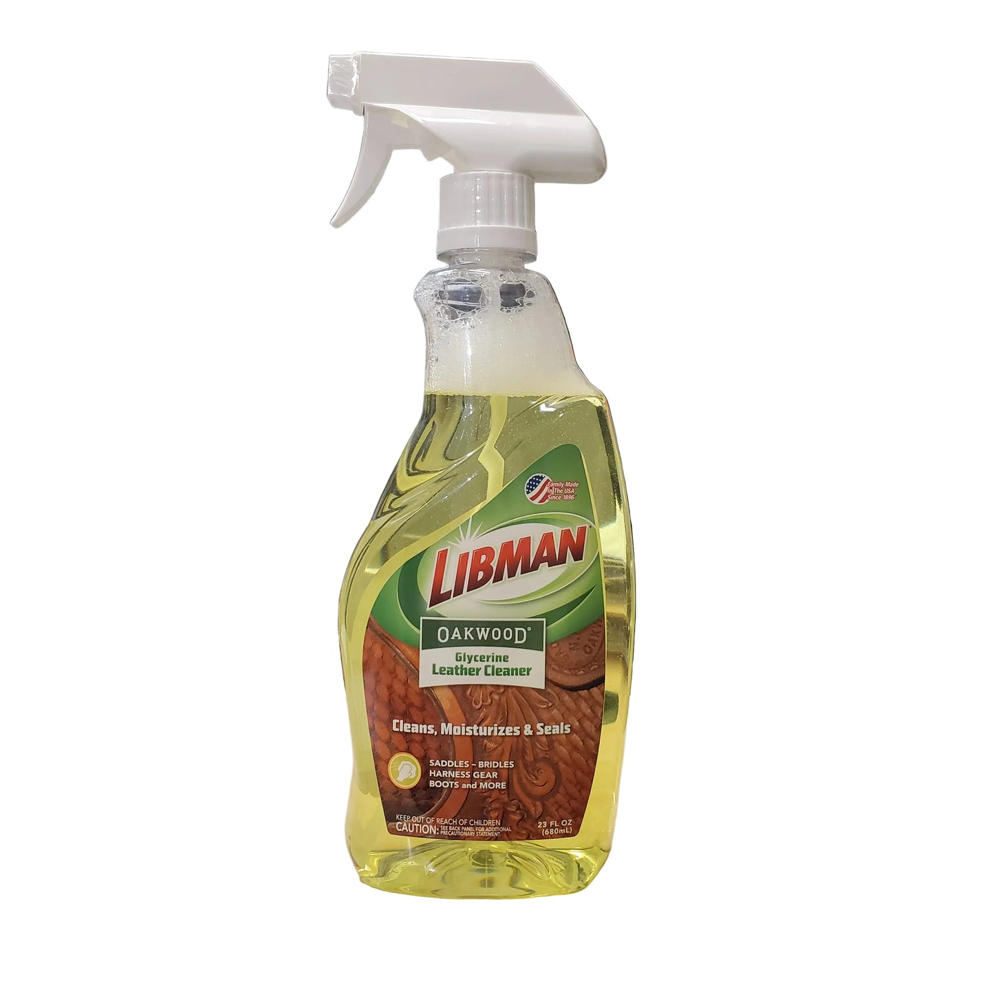 a spray bottle of oakwood libman liquid glycerine for leather on a white background