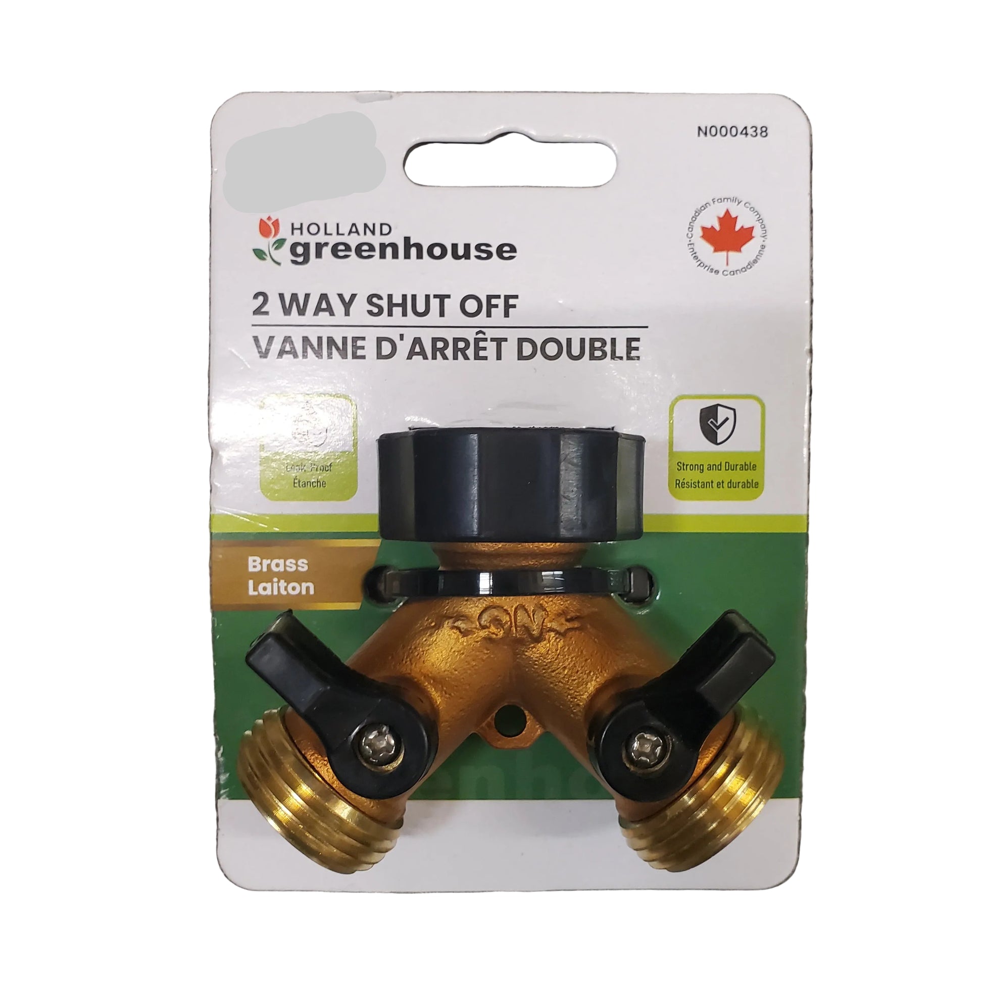 Brass 2-way shut off valve on Holland Greenhouse packaging