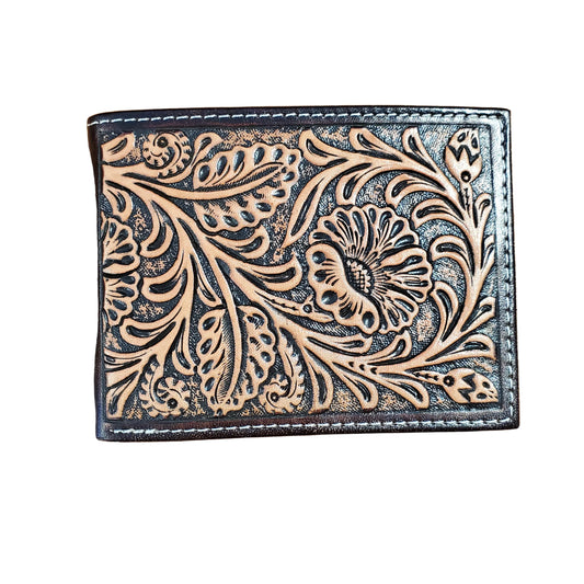 a leather bi fold wallet with light colored tooled flowers on a darker background