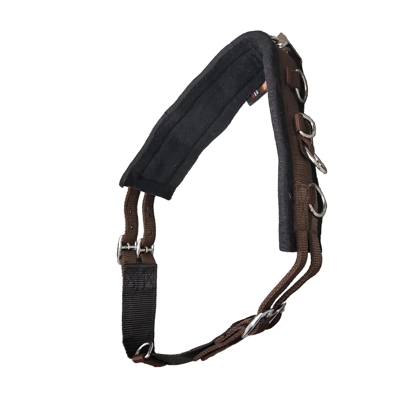 a brown nylon and felt surcingle used for training miniature horses