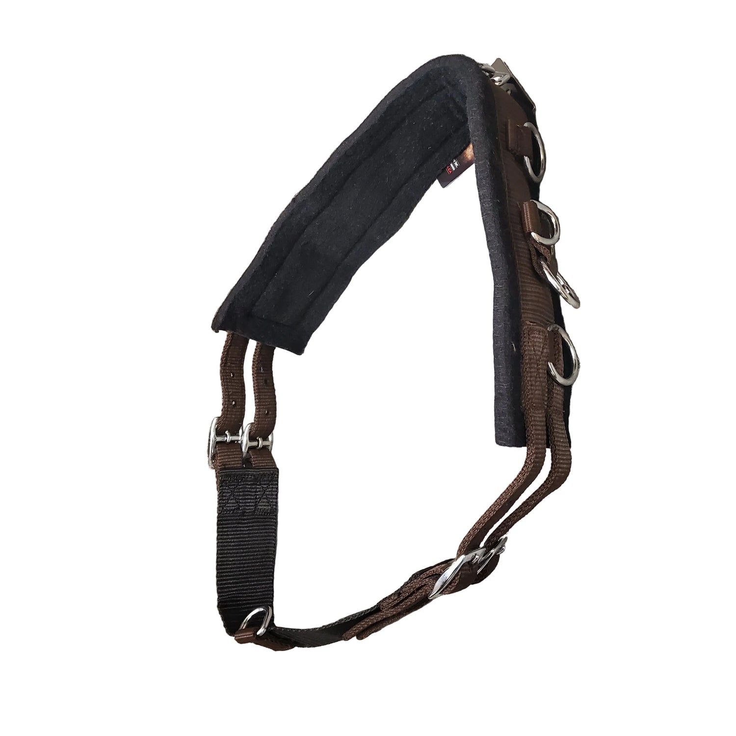 a brown nylon and felt surcingle used for training miniature horses