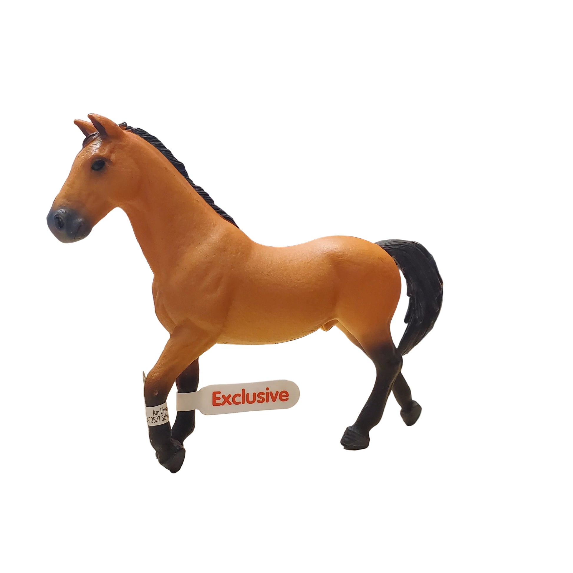 Schleich buckskin toy horse figure with 'exclusive' tag on a white background