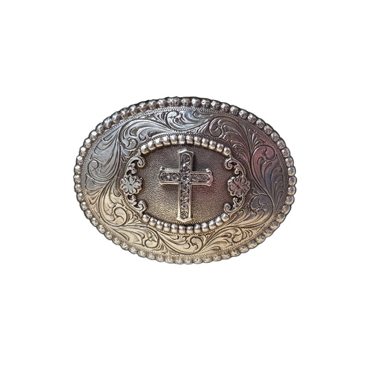 A silver-colored belt buckle with crystal details in an oval shape