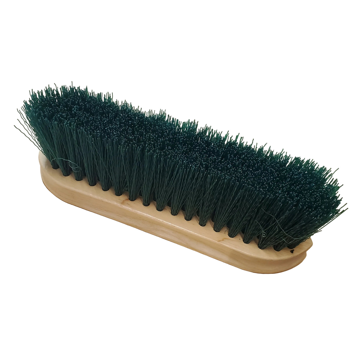 A long-handled cleaning brush with dark green bristles and a light natural wood handle