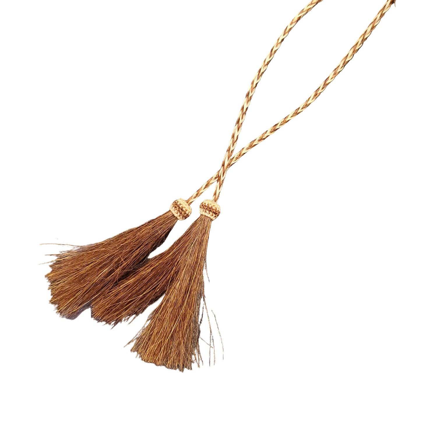A close-up of a braided tan cord stampede string used for holding the hat on a persons head