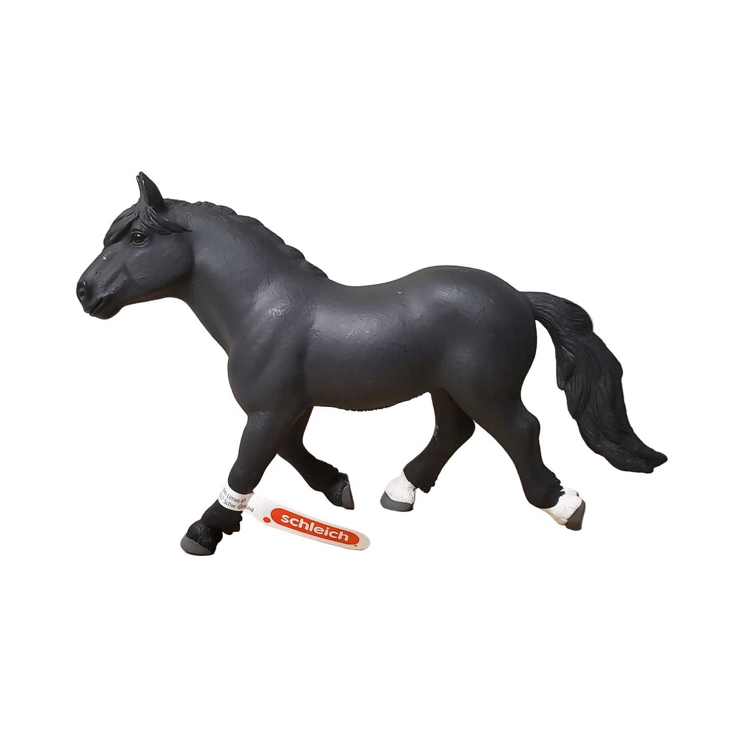 Black horse figurine with 'Schleich' branding on a white background