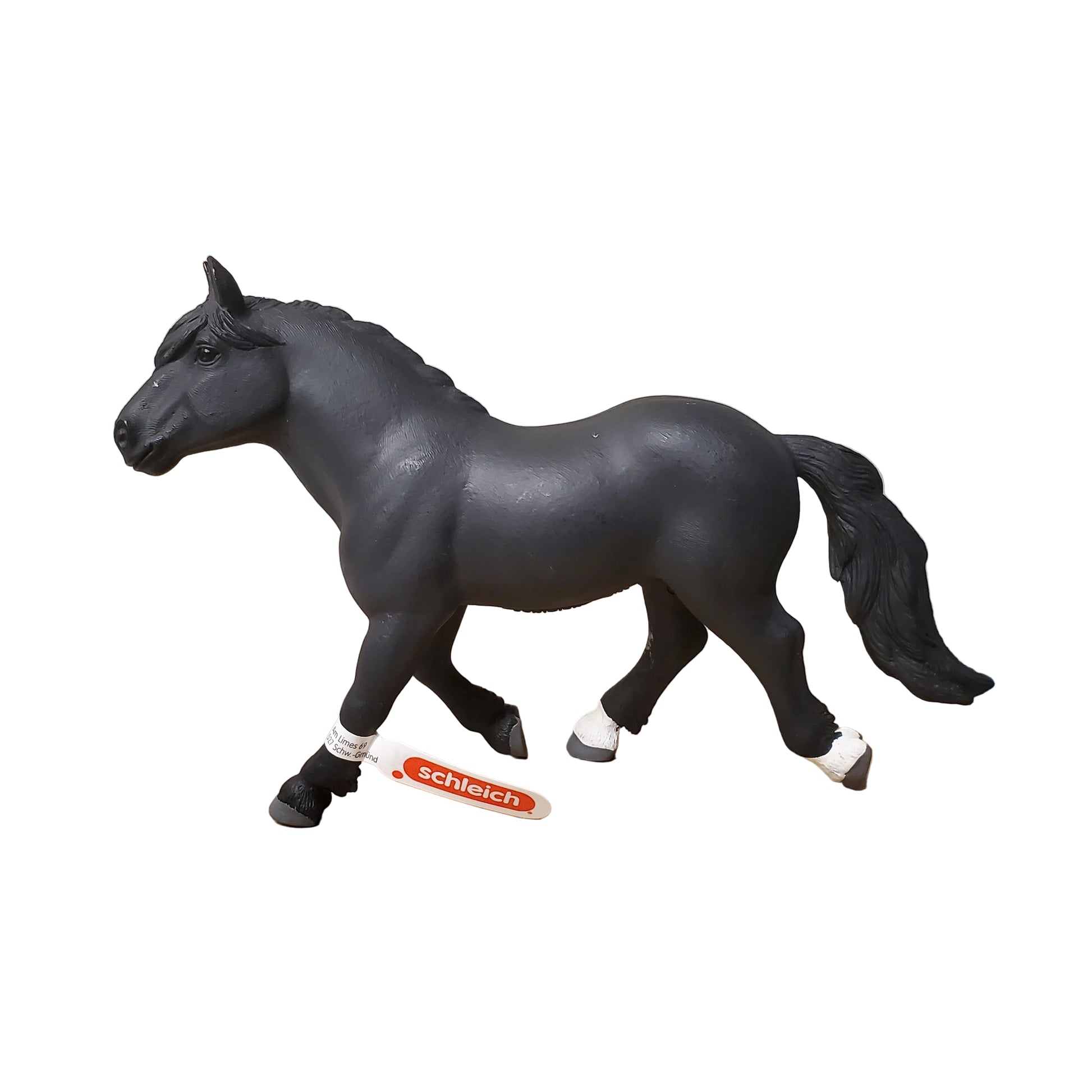 Black horse figurine with 'Schleich' branding on a white background