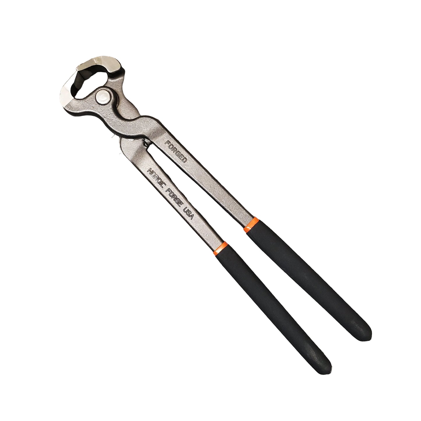 Pair of hoof nippers with black handles on a white background