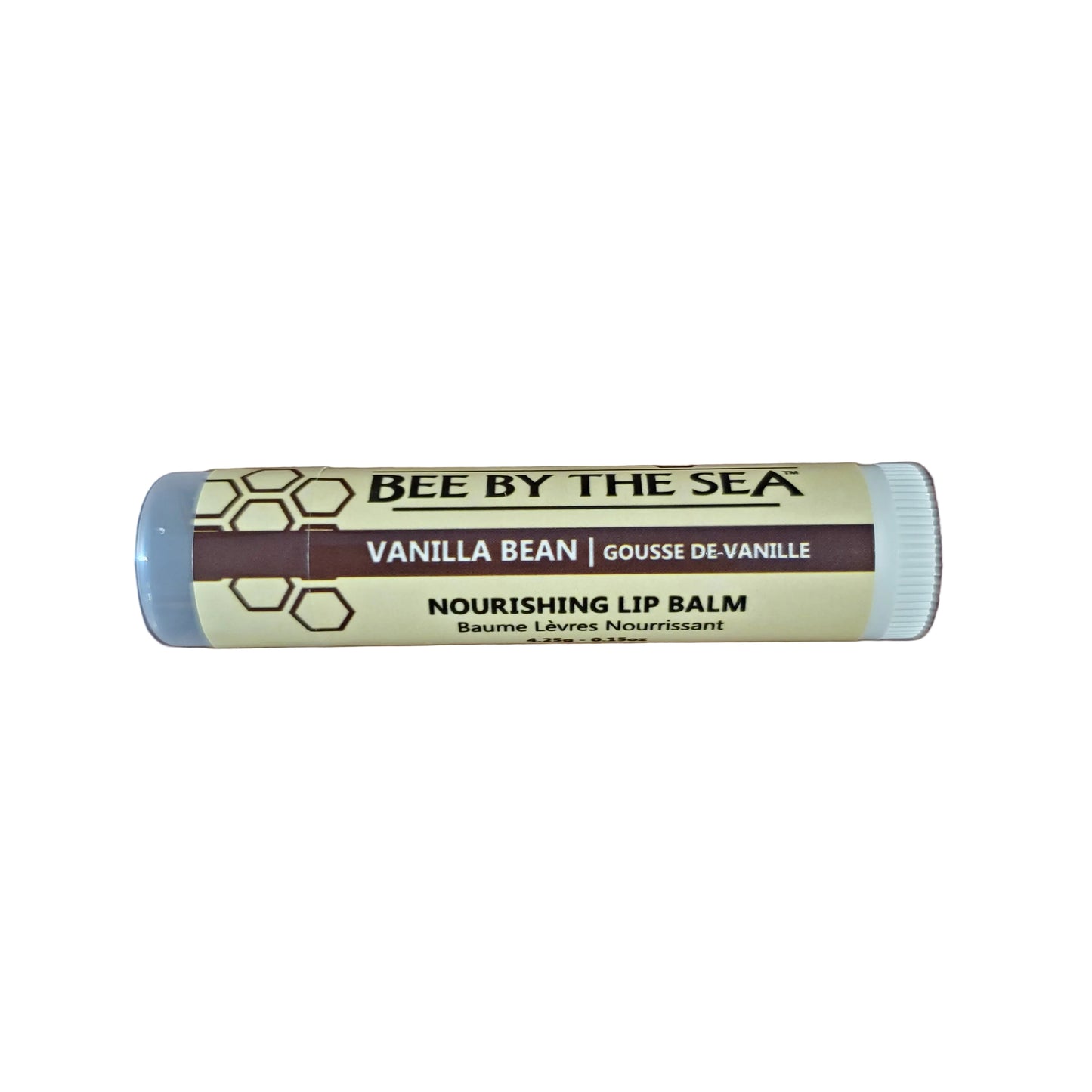 Bee by the Sea Vanilla Bean lip balm on a white background