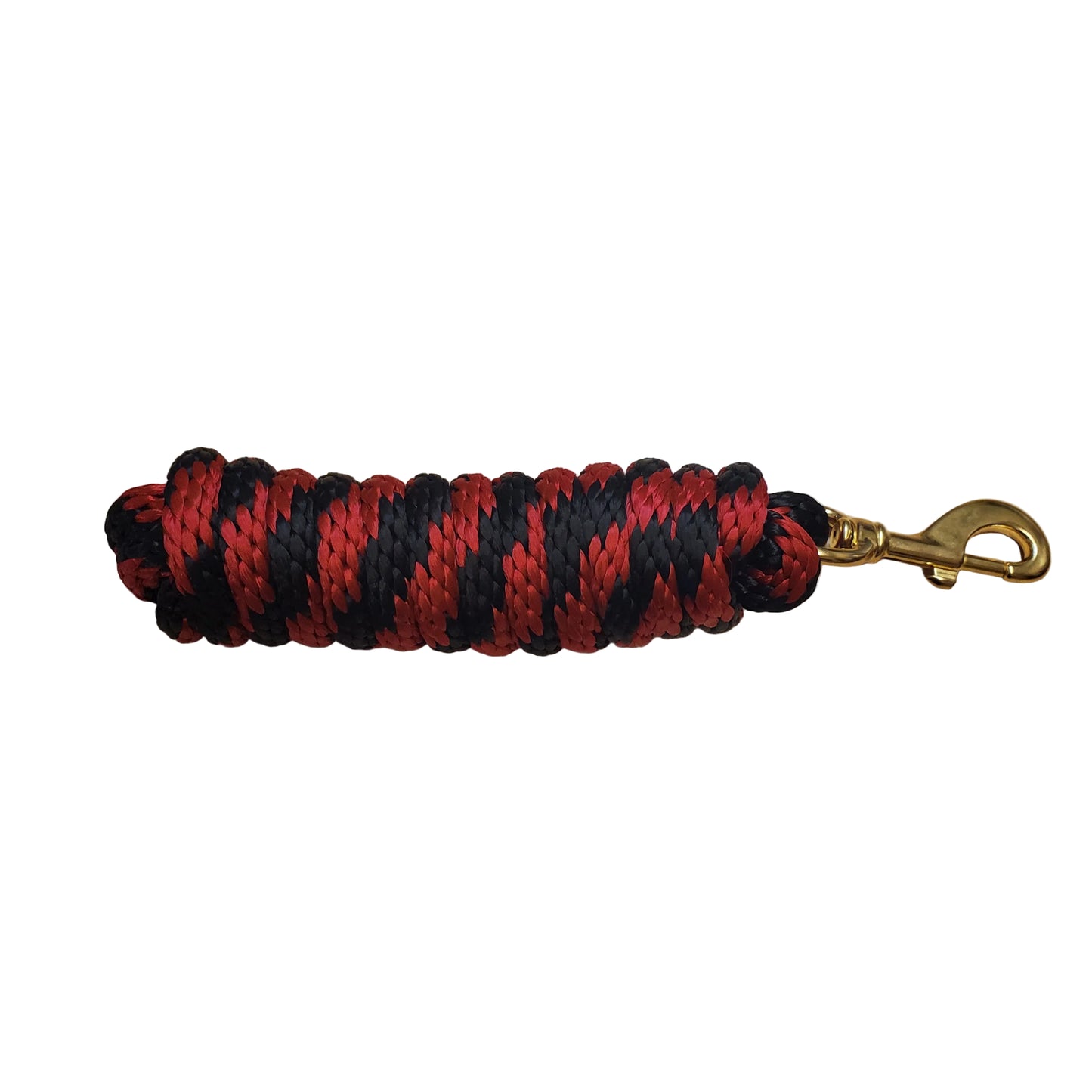 red and black lead rope with a brass bolt snap