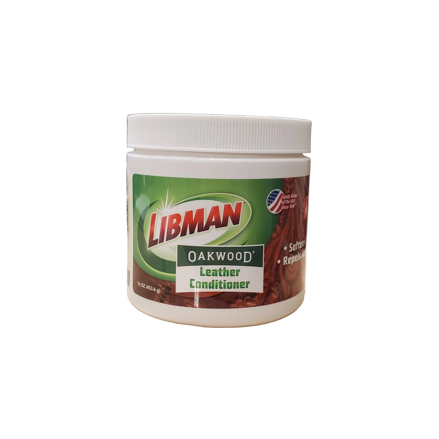 a white container of libman oakwood leather conditioner on a white background
