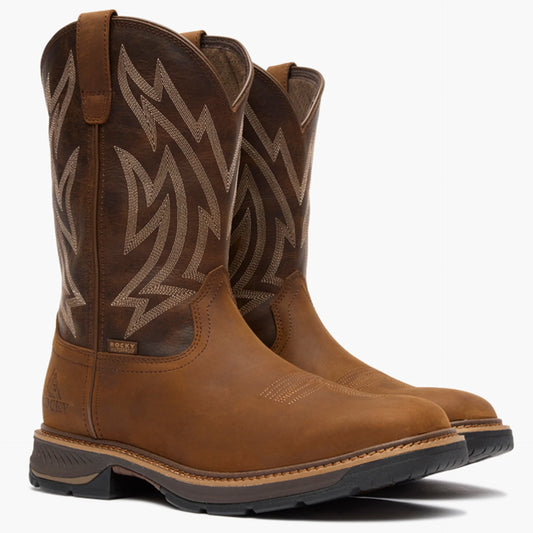 Pair of brown leather Rocky boots with decorative pattern on a white background
