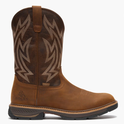 Brown Rocky work boot with decorative stitching on a white background