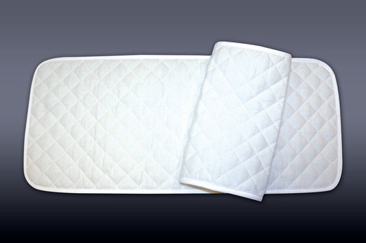 A pair of white quilted standing leg wraps for horses.
