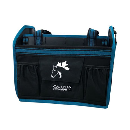 a black and teal collapsible grooming tote by canadian horsewear co