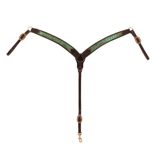 Horse breast collar with turquoise croc pattern on a white background