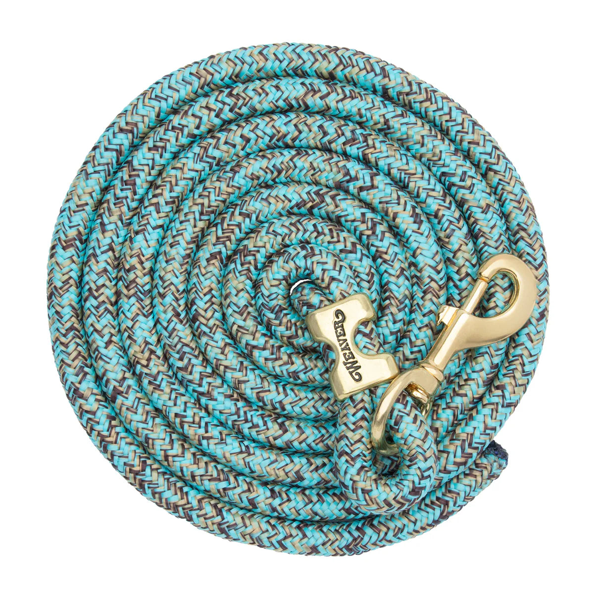 blue and brown coiled lead rope for horses with a brass clip on a white background
