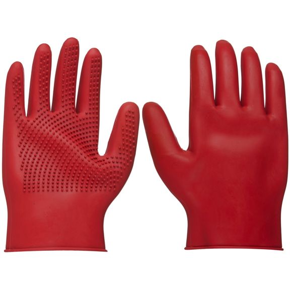 Pair of red rubber gloves with textured palm on a white background