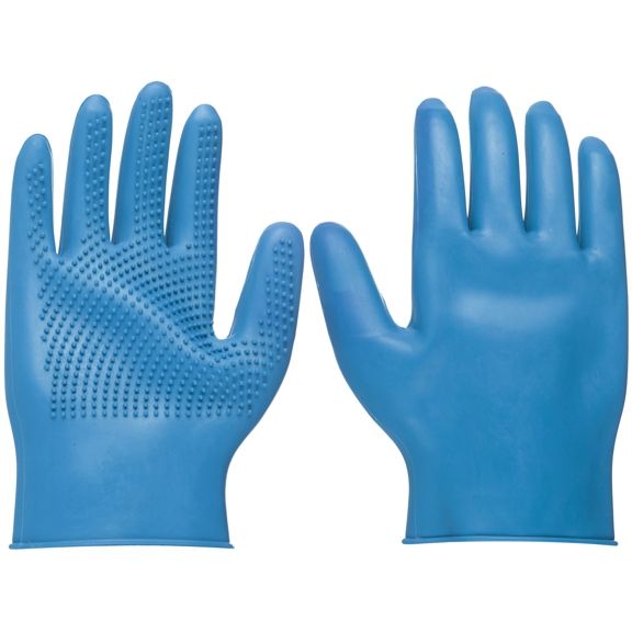 Pair of blue rubber gloves with textured palm on a white background